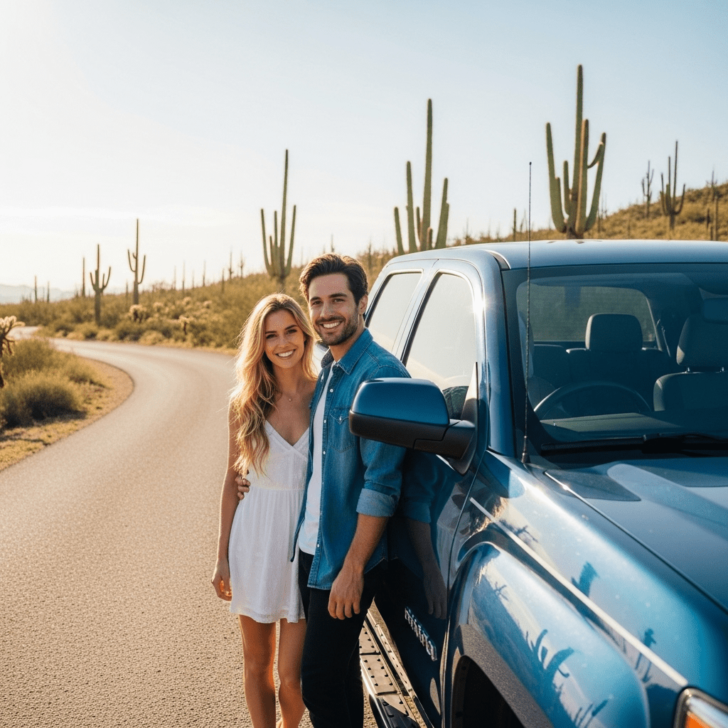 Happy couple by their car after completing Arizona defensive driving course